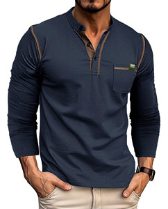 Camisas de Polo de manga larga personalizadas al por mayor camisas de cuello Henley de algodón y poliéster con patrón sólido informal - Product Image 1