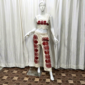 Conjunto Casual Bohemio de 2 Piezas para Mujer, Bordado, Sólido, 100% Algodón Chifón, Top sin Mangas con Cuello Redondo y Pantalones de Corte Regular - Product Image 3