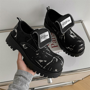 English Style Derby Shoes Pure Black Casual Big-top Shoes Thick Sole Heightening Feature <b>Small</b> Leather Shoes for Men - Product Image 1