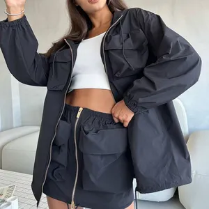 Summer Nylon Cropped Hoodie and Shorts Set Decoration Big Pocket Cargo Zipper Sweatshirt 2 Pieces Set Clothing Woman Pure Casual