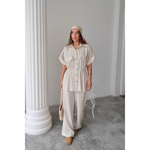 Conjunto de Camisa y Pantalones de Lino con Cintura Ajustable con Cordón para Mujer, Talla S - Product Image 3