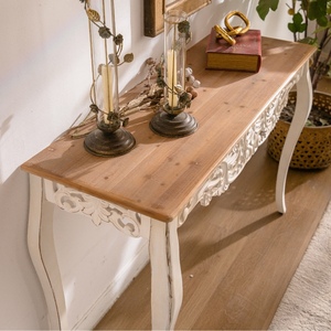 French Country Carved <b>Console</b> <b>Table</b> Antique White Distressed Solid Wood MDF <b>Entry</b> <b>Table</b> Curved Legs 43.31 Inch - Product Image 2