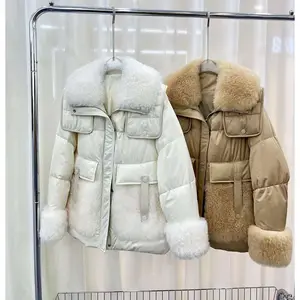 Oftbuy 2023 Autumn Hot Hit Women Down Jacket Mulberry Milk Coat Real Goat Velvet Collar Short Warm High-end Fur Down Jacket