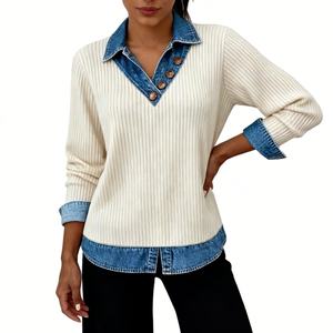 Women's Ribbed Knit Denim Trim Knit <b>Shirt</b> - V-Neck Button Detail Long Sleeve Top Fashion - Product Image 3