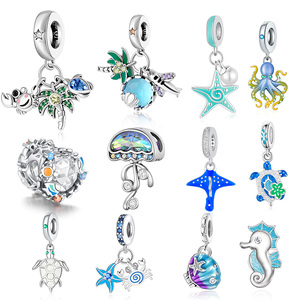 Breloques en argent en forme d'étoile de mer, tortue, pieuvre, crabe, coquillage, palmier, <span class=keywords><strong>ray</strong></span>, hippocampe, perles compatibles avec bracelet original, bijoux d'anniversaire Berluque - Product Image 1