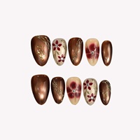 Herfst-winter Meh-Lad acryl amandelvormige opzetnagels bruine kattenoog gouden folie strass steentjes Franse tip handgeschilderde wijnrode nagels