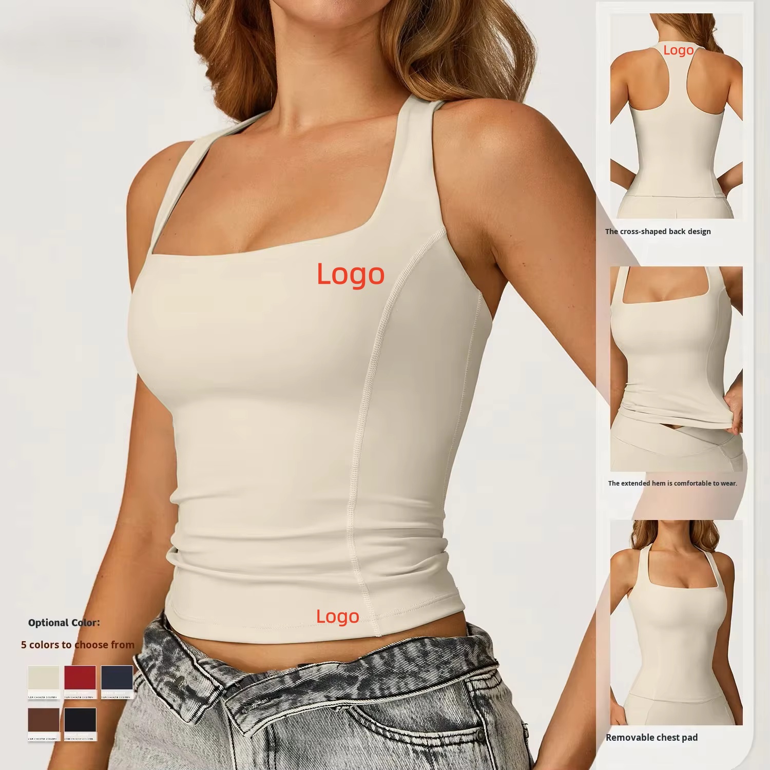 Spandex/Nylon Yoga Tank Top Barely-There Skinny Fit Square Neck Racerback Women Outdoor Running Fitness Wear Front Sweat-Wicking