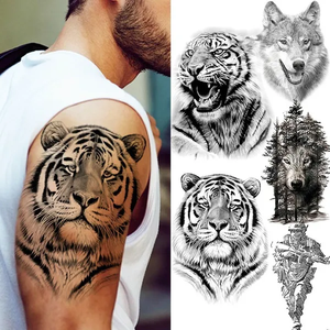Tatuaje Temporal de Tigre Negro Grande, Diseño de <span class=keywords><strong>Lobo</strong></span>, Leopardo, Bestia, Monstruo, Impermeable, para Cuerpo, Brazos y Piernas - Product Image 1