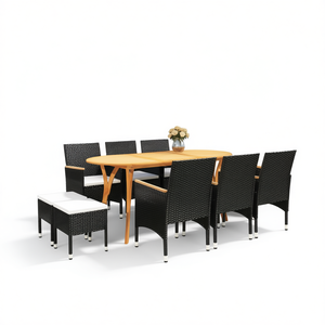 Black <b>Rattan</b> Garden <b>Dining</b> Set 6 Seater Teak <b>Table</b> Outdoor Furniture Weather Resistant Contemporary Design - Product Image 1