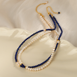 Collar de Perlas Cultivadas de Agua Dulce de Plata de Ley, 2 Piezas, Piedras de Lapislázuli, Perlas Blancas, Estilo Vintage, para Bodas y Fiestas - Product Image 4