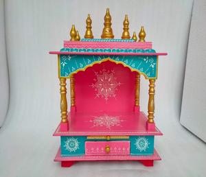 Mandir compacto de madera con vibrante arte pintado a mano, cajones de almacenamiento, base estable y acabado refinado para un estilo moderno. - Product Image 1