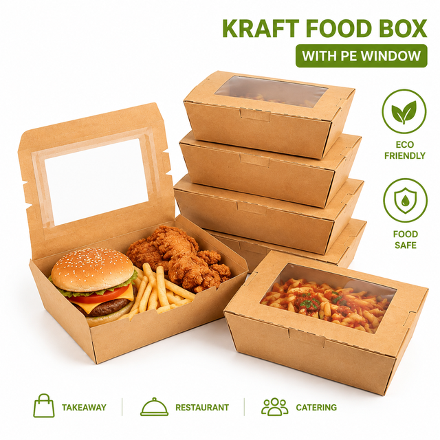 Biodegradable Eco-Friendly Disposable Kraft Paper Food Box with Clear PE Window-Wholesale