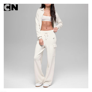 BSCI Certification Sweater Manufacturer Custom Design logo <b>Women</b> Cotton Wool Soft Ribbed 2 Pieces <b>Cropped</b> <b>Cardigan</b> and Pants Set - Product Image 4