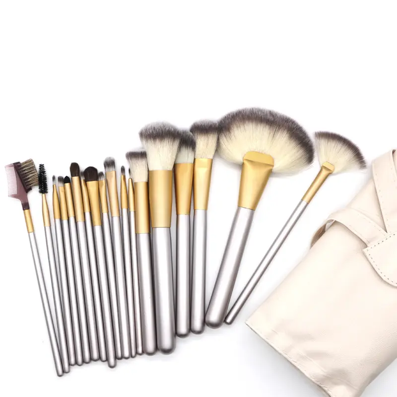 12 buah/set set kuas Makeup rambut nilon dengan tas PU alat kosmetik Logo kustom kuas Makeup pegangan kayu untuk anak perempuan
