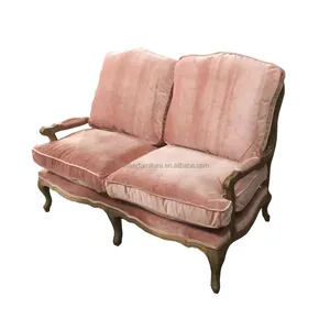 Vintage fransız tarzı pembe kadife katı ahşap Rattan kamışı geri iki kişilik aşk koltuk kanepe