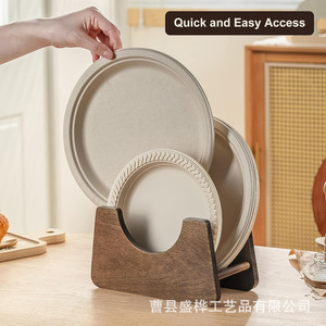 Wooden Storage <b>Rack</b> For Disposable <b>Plates</b> Kitchen Tabletop Dish Drainer Round Shape With Stand - Product Image 2