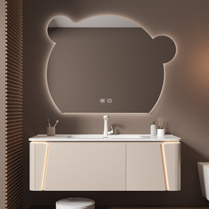 New Beige Bathroom <b>Vanity</b> with Bear-Shaped LED Smart <b>Mirror</b> Integrated Ceramic Sink - Product Image 6