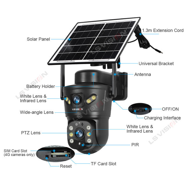LS VISION 4MP Solar Powered AI Home Security Camera PTZ 4G WiFi Night Vision CMOS Sensor 2K 3.6mm Lens Outdoor 1 Year Warranty