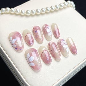 <span class=keywords><strong>Uñas</strong></span> Postizas Pintadas a Mano <span class=keywords><strong>con</strong></span> Degradado <span class=keywords><strong>Rosa</strong></span> Nude y Flores, 100% Hechas a Mano <span class=keywords><strong>con</strong></span> Brillo - Product Image 1