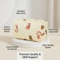 Tas Kosmetik Katun Berlapis Cetak Beruang Lucu Logo Kustom Gaya Korea, Tas Makeup, Kantong Perlengkapan Mandi untuk Wanita dan Remaja Putri