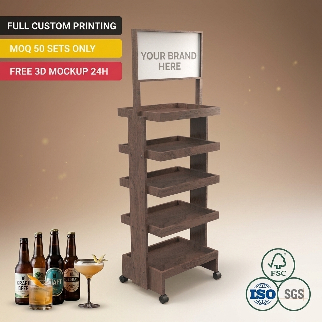 Custom Wooden Craft Beer Cocktail Can Canned Wine Display Stand Retail Shop Bar Bottle Rack Shelf with Logo Header Wholesale ODM — view 1