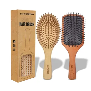 Doğal biyobozunur özel etiket baş masaj aleti fırça bambu Detangler kürek saç büyüme için ahşap tarak Hairbrush