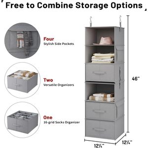 6 Tier Hanging Closet Organizer With Drawers And Pockets For Bedroom Clothing Storage Rectangular <b>Hook</b> Type Non Woven Fabric - Product Image 3