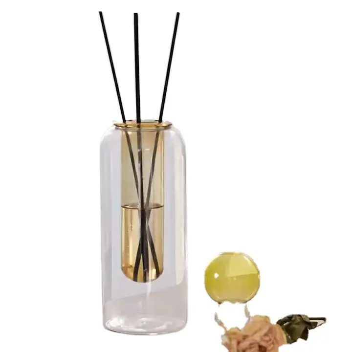 Custom Made Colored Hand-blown Empty Double-wall Cylinder Glass Perfume Diffuser Glass Bottle with Glass Stopper