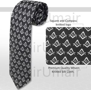 Cravate en soie noire classique de qualité supérieure avec motif géométrique maçonnique blanc pour tenue de cérémonie professionnelle - Product Image 3