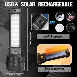 Lampe torche de survie et d'urgence rechargeable par USB, solaire, haute puissance, LED, projecteur, lampe de poche alimentée par énergie solaire, vente en gros - Product Image 5