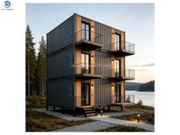 Appartement Conteneur Nordique de Luxe à 3 Étages, 6 Unités, Revêtement en Acier et Bois Foncé, Balcon Étanche, sur Pieds, 6 Chambres, 6 Salles de Bain, Clé en Main