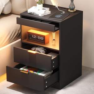 Yusong Night Stand Modern Wood <b>LED</b> Lighting <b>Bedside</b> <b>Table</b> with Charging Station 13.8D x 15.8W x 23.6H Inches - Product Image 1