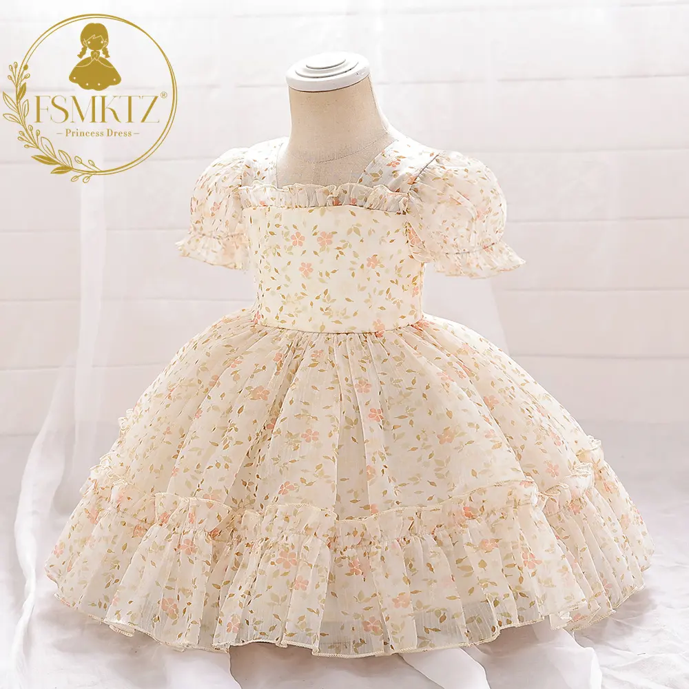 FSMKTZ Champagne Floral Chiffon Bubble Sleeve Dress For Newborn Infant Baptism 3M-3 Years Girls' Dress