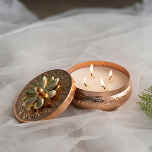 Heavy-Gauge Hammered Copper 4-Wick <b>Candle</b> Bowl with Brass Lotus Lid – <b>Large</b> Surface Area Wax Pour Vessel for Luxury Spa & Hotel - Product Image 1