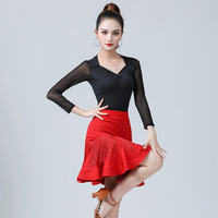 Moins cher robe de danse latine couleur rouge arête de poisson jupe à franges pratique et scène effectuer gland danse porter vêtements jupe de danse