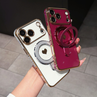 Étui de téléphone antichoc en TPU+PC électroplaqué couleur unie avec support pliable intégré pour 17/18 Pro Max compatible avec la recharge sans fil