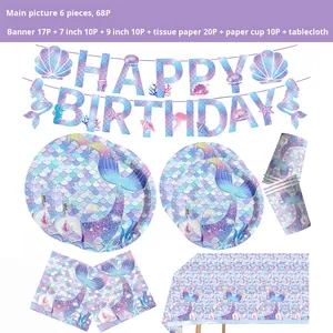 Nuovo Set di Piatti in Carta Ecologici a 4 Colori, Tema Sirena con Scaglie di Pesce, Stile Cartone Animato per Feste di Compleanno e Decorazioni - Product Image 6