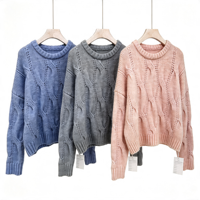 Pull-over en maille ajourée douce pour femme, col rond, épaules tombantes, torsadé, bleu poussière, marque privée