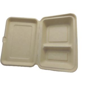 disposable sugarcane pulp food boxes bio degradable divided clamshell food packaging boxes for takeout eco friendly lunch box