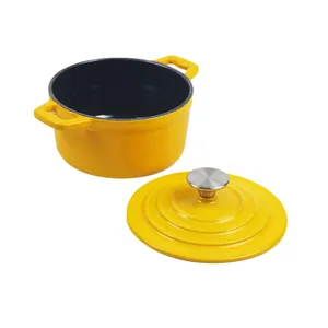 Cor amarela esmaltado Mini ferro fundido forno holandês com alças grandes Dome Lid para cozimento Cooking