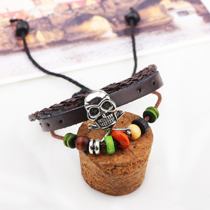 Skull Design <b>Braided</b> Leather Bracelet With <b>Beads</b> And Crossbones Multi Strap Waxed Rope Jewelry For Men And Women - Product Image 4