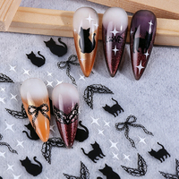 Autocollants pour ongles 3 couleurs Halloween, motif chauve-souris rouge pailleté, chauve-souris noire, chat et nœud, style gothique sombre, pour festival français