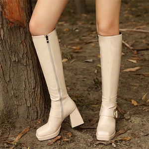 Buckle Square Toe Block High Heel Shoes Women <b>Boots</b> Zipper Big Size 43 Autumn Winter Elegant Lady's Knee High <b>Boots</b> - Product Image 2
