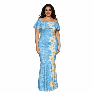 Robe d'été en polyester à motif traditionnel polynésien Plumeria Îles du Pacifique, imprimé personnalisé, grande taille, maxi Puletasi, robe sirène - Product Image 1