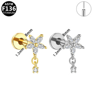 Boucle d'oreille en titane en forme de fleur avec clou en cristal pour un usage quotidien, bijoux de piercing unisexe - Product Image 5