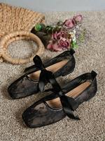 Chaussures plates en dentelle et résille, ballerines pour femmes à bout carré, respirantes et faciles à enfiler avec nœud en satin, vente en gros, logo personnalisé OEM