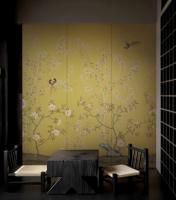 Papier peint personnalisé texturé doré, écologique, peint à la main, motif oiseaux, pivoines, glycines, bambou, pour hôtel, salon de thé