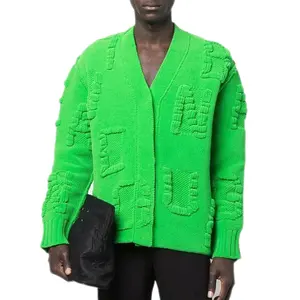Nanteng Custom Fashion V Neck Long Sleeve Green Knitted Men Embossed Cardigan Sweater