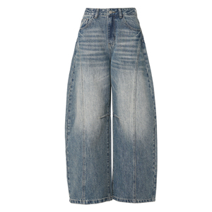 Jeans OEM personnalisés pour femme, <span class=keywords><strong>taille</strong></span> <span class=keywords><strong>haute</strong></span>, coupe baril, délavé vintage, avec coutures apparentes, coupe ample, style streetwear - Product Image 1
