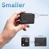Cargador GaN personalizado de 65W con 3 puertos PD QC3.0, adaptador de cargador de pared USB C de carga rápida con cable retráctil